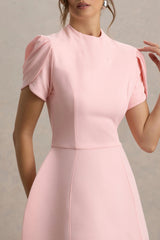 Carabella | Pink High-Neck Short-Sleeve Mini Dress