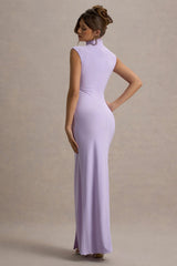 Lanetta | Lilac Ruched High-Neck Maxi Dress With Split