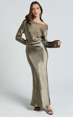 Arriana Midi Dress - Long Sleeve Cowl Back Satin Dress in Dark Olive
