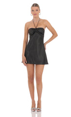 Flower Satin Halter Dress in Black