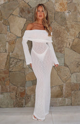Made It Out Long Sleeve Boucle Maxi Dress White