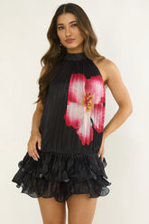 Naelle Accordion Pleat Ruffle Mini Dress Hibiscus Black