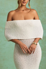 Bouclé Off-Shoulder Maxi Dress in White