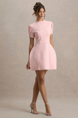 Carabella | Pink High-Neck Short-Sleeve Mini Dress