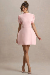 Carabella | Pink High-Neck Short-Sleeve Mini Dress