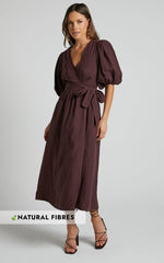 Amalie The Label - Franc Linen Puff Sleeve Wrap Midi Linen Dress