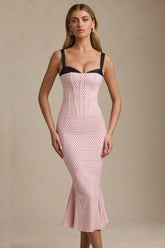 Layered Bra-Detail Fishtail Midaxi Dress in Pink Polka Dot