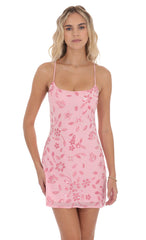 Floral Sequin Open Back Dress in Pink