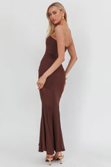 Calluna Strapless Sheer Godet Hem Maxi Dress Chocolate