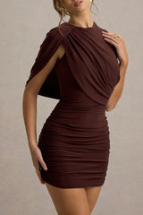 Stephanie | Brown Mini Dress With One-Sleeve Cape