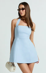 Dante Mini Dress Halter Neck Tie Tulip Skirt Dress in Soft Blue
