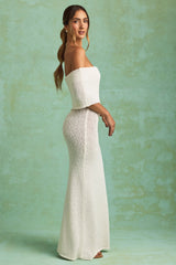 Bouclé Off-Shoulder Maxi Dress in White