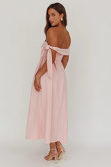Aurora Sky Off-Shoulder Box Pleat Midi Dress Pink