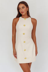 Entice Racerback Gold Button Mini Dress Cream