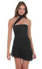 Asymmetrical Mesh Scarf Dress in Black