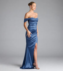 Belinda Off-The-Shoulder Slit Satin Formal Dress