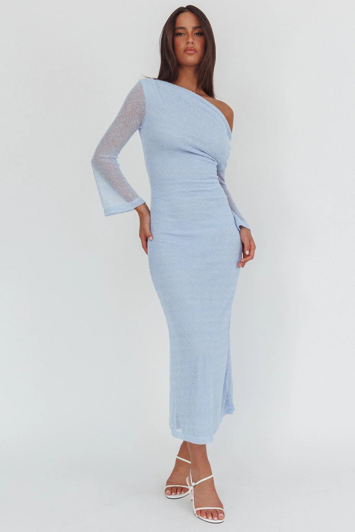 Alivya Asymmetric Neckline Knit Maxi Dress Blue