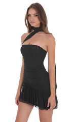 Asymmetrical Mesh Scarf Dress in Black