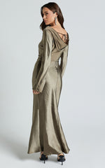 Arriana Midi Dress - Long Sleeve Cowl Back Satin Dress in Dark Olive