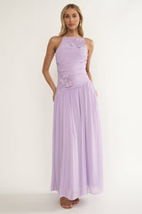 Brighten Drop Waist Flower Accent Maxi Dress Lilac