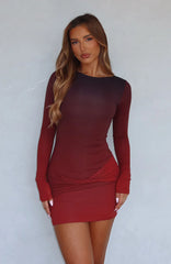Social Scene Long Sleeve Mini Dress Burgundy Hue
