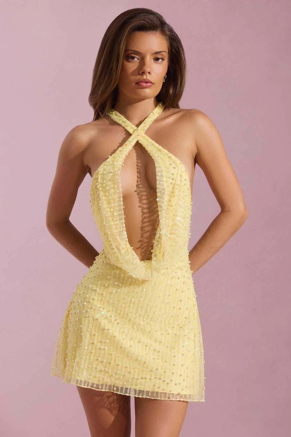 Embellished Cowl-Neck Backless Mini Dress in Yellow