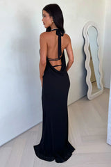 Amedeo Plunge Halter Neck Maxi Dress - Black
