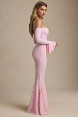 Off-Shoulder Ruffle Lace Maxi Dress in Soft Pink