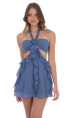 Chiffon Cutout Ruffle Dress in Denim Blue