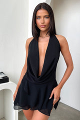 Cleo Plunge Cowl Neck Mini Dress - Black