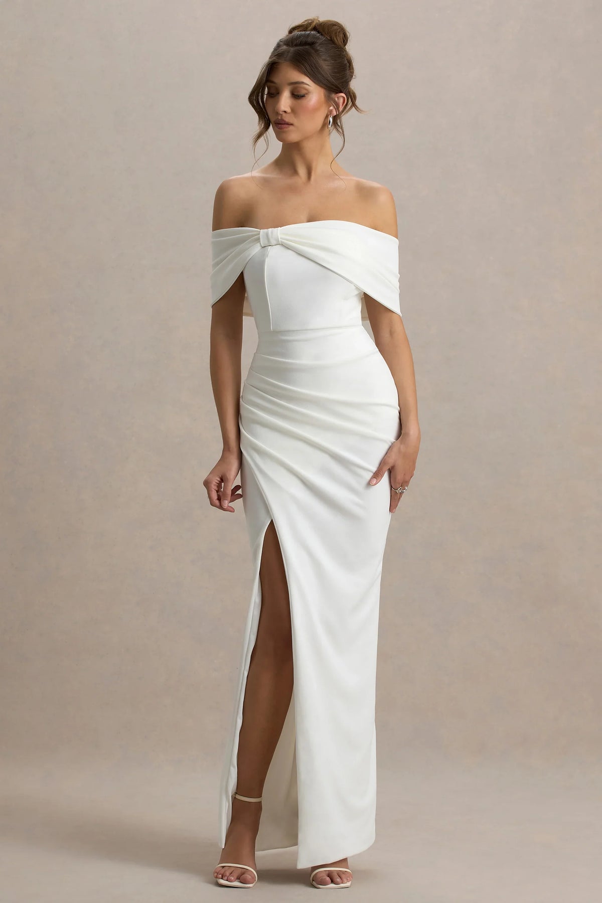 Eva | White Bardot Bow Detail Maxi Dress With Thigh Split