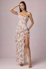 Asymmetric Ruffled Lace-Up Gown in Primrose Floral Print