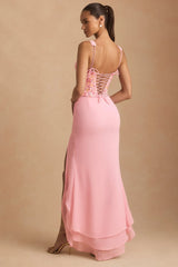 Embellished Plunge Ruffled Corset Maxi Dress in Pink