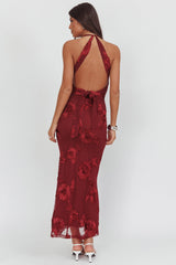 Cipriana Backless Halter Maxi Dress Embellished Wine