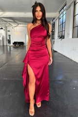 Elianna One Shoulder Satin Maxi Dress - Burgundy