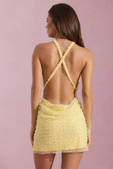 Embellished Cowl-Neck Backless Mini Dress in Yellow